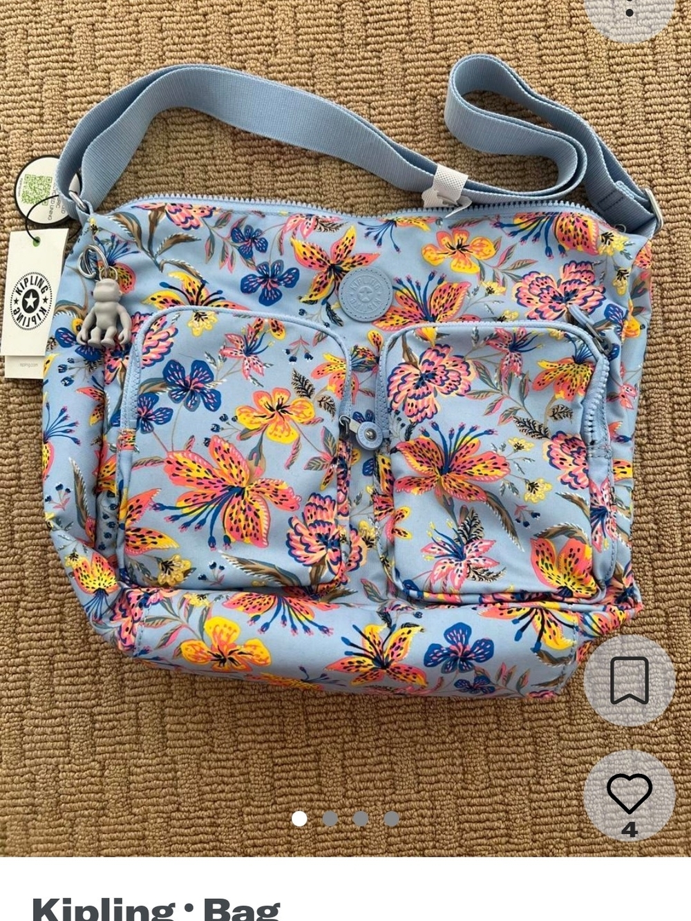 Kipling Sidney Wildflowers Light Blue Crossbody Bag New With Tags & Monkey Charm